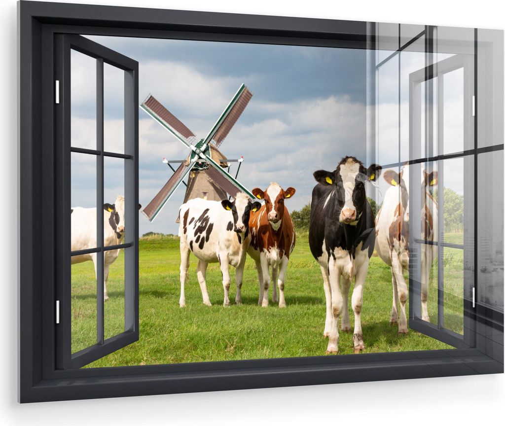 MuchoWow Glasbilder - Bilder auf Wandbild - Foto auf Glas Aussicht - Kuh - Mühle - Kühe - Wiese - Gras - Grün 60x40 cm Wanddekoration aus Glas -...