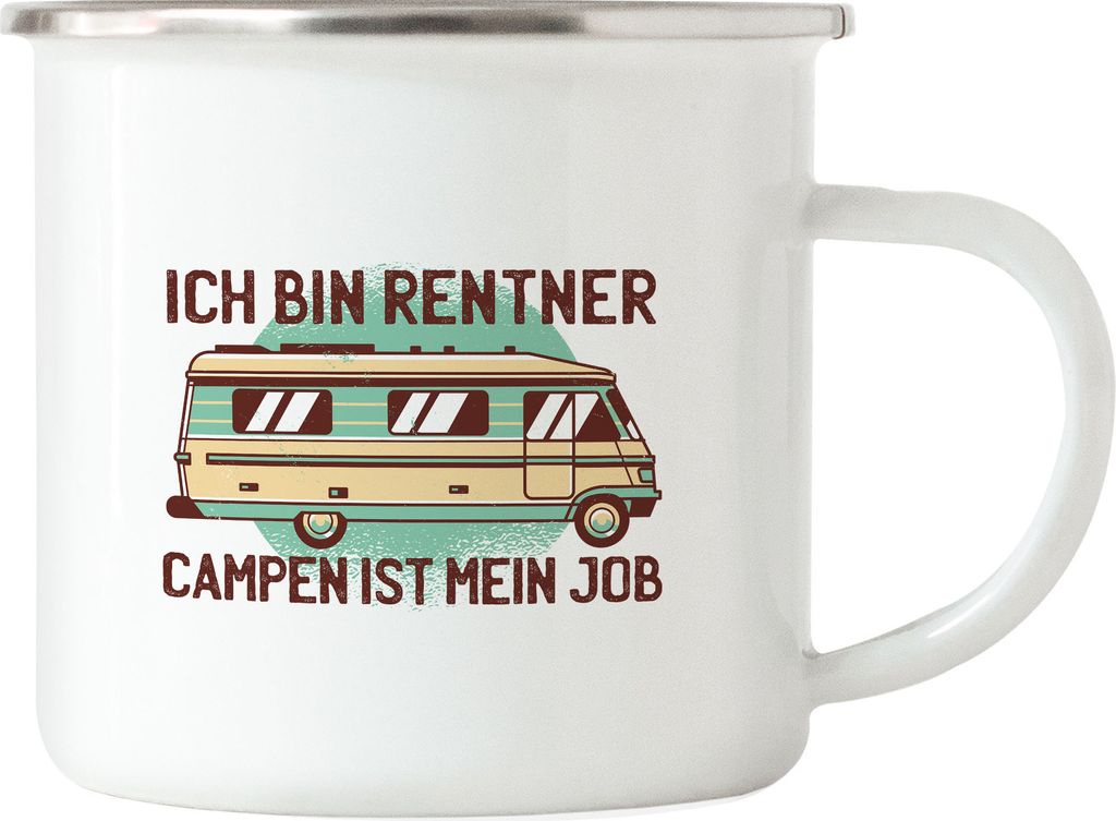 Ich bin Rentner Campen ist mein Job Emaille Tasse Camping Produktbild 