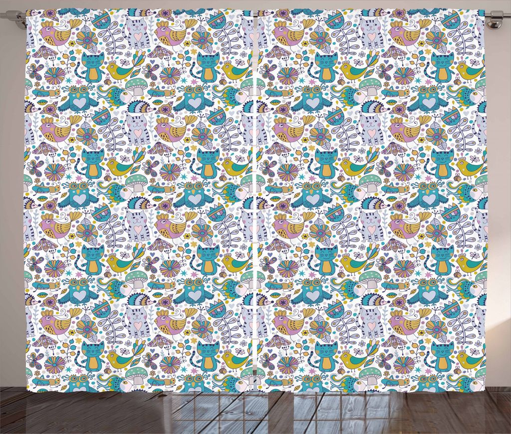 ABAKUHAUS Tier Rustikaler Gardine, Cartoon-Stil Fauna Muster, Schlafzimmer Kräuselband Vorhang mit Schlaufen und Haken, 280 x 245 cm, Mehrfarbig