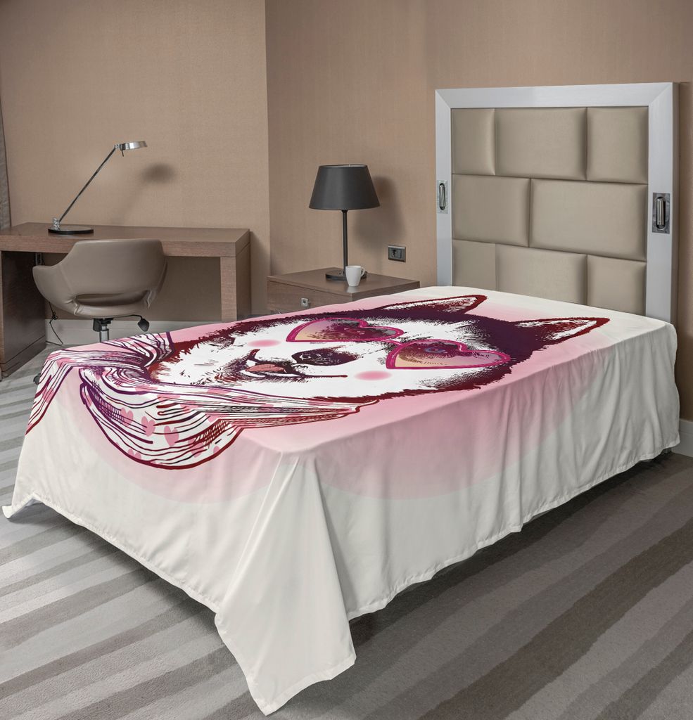 ABAKUHAUS Karikatur Bettlaken, Hipster Husky Dog Mit Herzen Sonnenbrille Und Schal Mode Tier Kunstdruck, weiches bequemes oberes Bettlaken für ein...