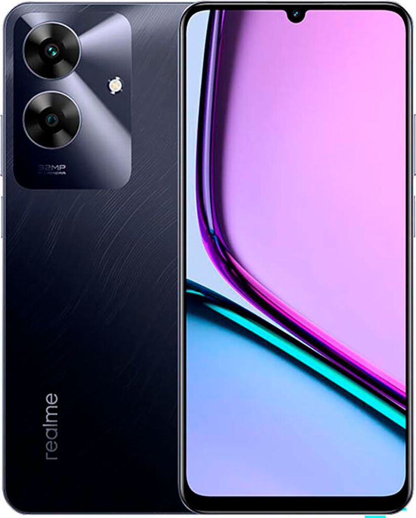 A smartphone is shown from the back and front, displaying its camera module and screen.
