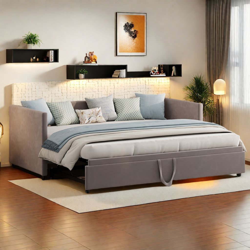 UnboxG Schlafsofa 90x200/180x200cm mit ausziehbarem Bett, Sofabett Tagesbett Kinderbett Jugendbett mit Lattenrost, Daybett Samt, Grau
