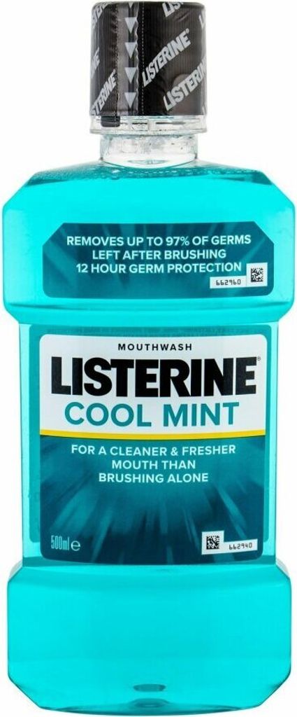 A bottle of Listerine Cool Mint mouthwash.