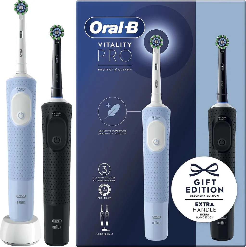 Spazzolino elettrico Oral-B Vitality Pro D103 Duo Nero/Blu + 4 ricambi di precisione + 2x custodia + 2x tappi - 3