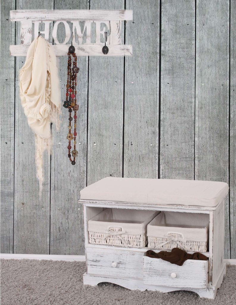 Garderobe mit Sitzbank Kommode mit 2 Körben 42x62x33cm, Shabby-Look, Vintage weiß