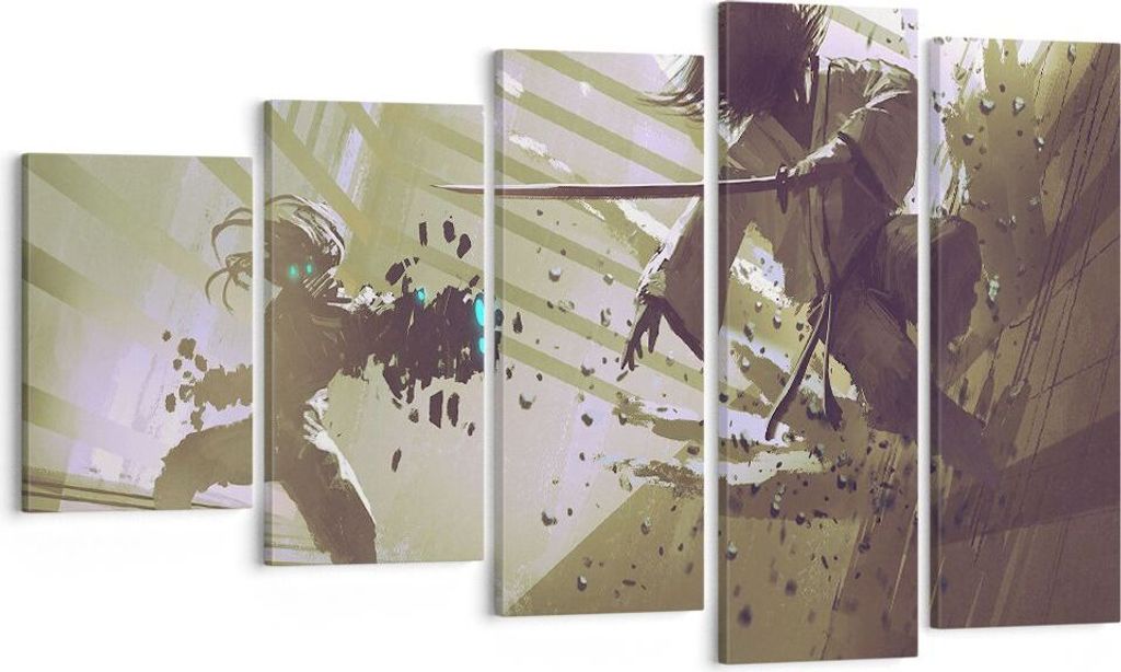 Bild auf Leinwand - Leinwandbild - Roboter Samurai Schwert Kämpfen - 100x60cm - Wand Bild - Wanddeko - Leinwanddruck - Bilder - Kunstdruck - Leinw...