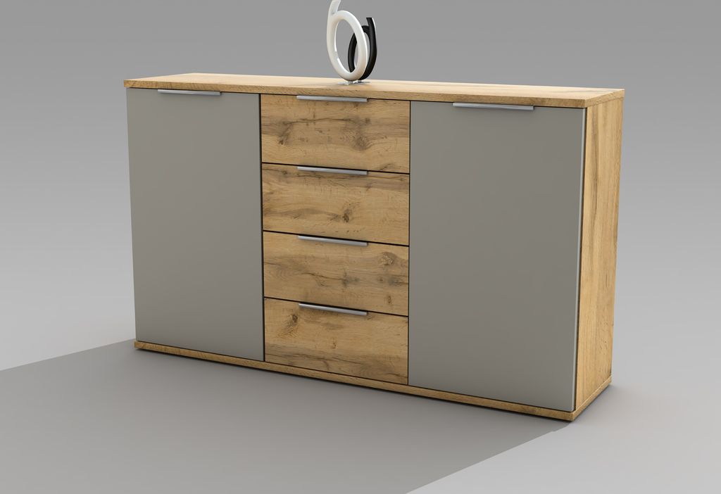 A modern sideboard with a wood and gray finish.