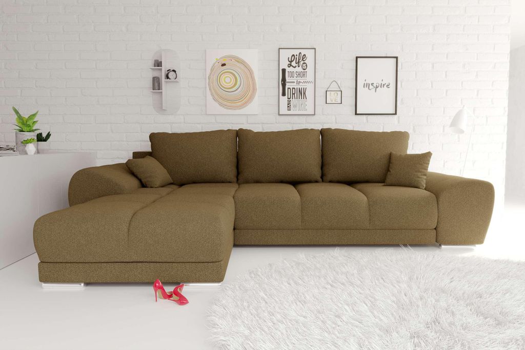 99rooms Antalya Ecksofa Strukturstoff NEVE Khaki Links mit Schlaffunktion