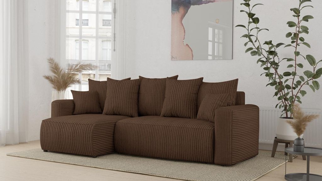 Ecksofa mit Schlaffunktion und Bettkasten DENVER – L-Form in Stilvollem POSO Braun Ottomane Links