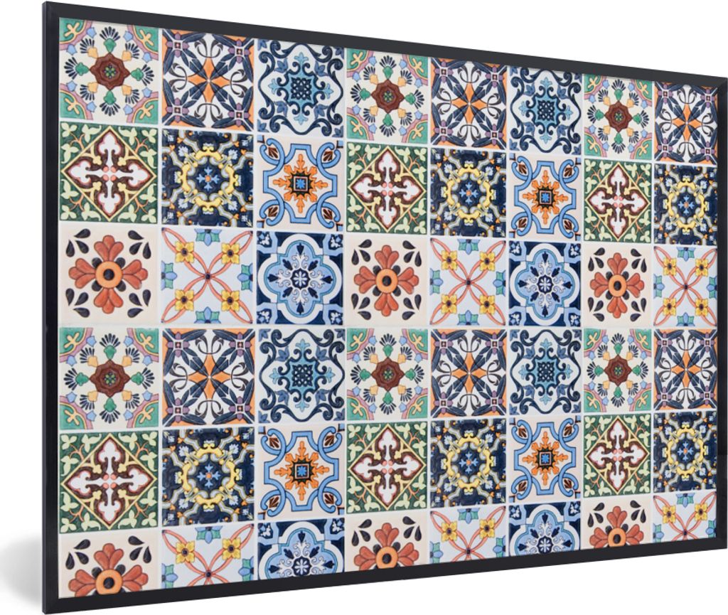 MuchoWow Gerahmtes Poster Design - Blumen - Orange - Blau - Abstrakt 60x40 cm - Poster mit Schwarzem Bilderrahmen Wandposter Rahmen Foto Bilder -...