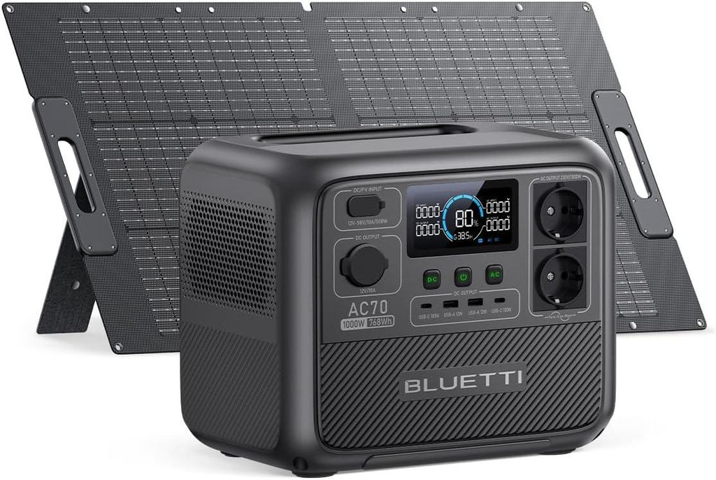 Tragbare Powerstation AC70 mit 100W Solarpanel, 768Wh Solargenerator Stromaggregat für Camping, Outdoor, Wohnmobil, Off-Grid Energieversorgung