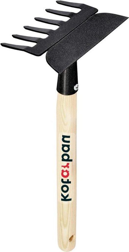 Stahl-Rechen mit Holzgriff 330mm 6 Zähne Doppelhacke Handrechen