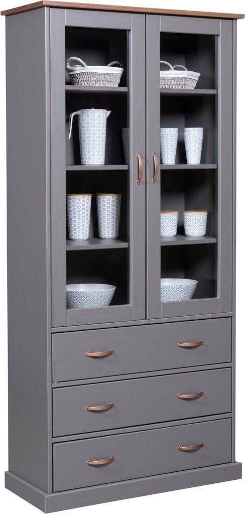 FURNARO Vitrine Geschirrregal LAURA Grau Massivholz 90 x 38,4 x 190 cm