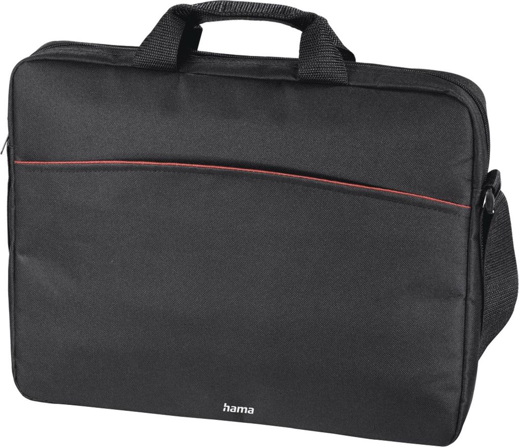 A black laptop bag with a red stripe is shown against a white background.