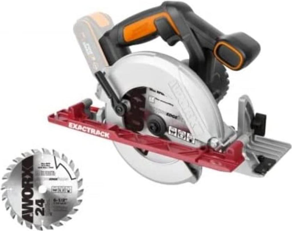 A cordless circular saw and a separate saw blade are shown against a white background.