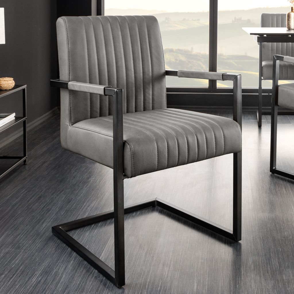 riess-ambiente Moderner Freischwinger Stuhl BIG ASTON Echtleder vintage grau mit Armlehne Metall schwarz Esszimmerstuhl Essstuhl