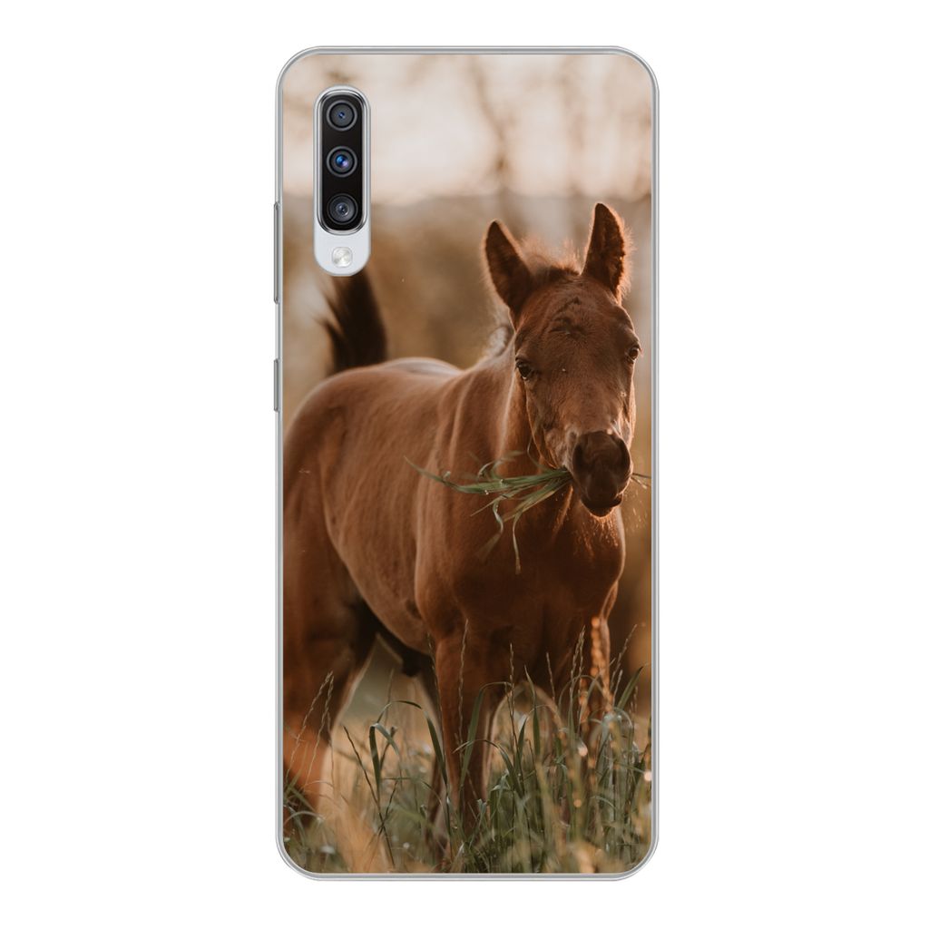 MuchoWow Handyhülle Schutzhülle Hülle für Samsung Galaxy A70 Pferd - Sonne - Gras Silikon Softcase Handy Hülle - Schutzhaube