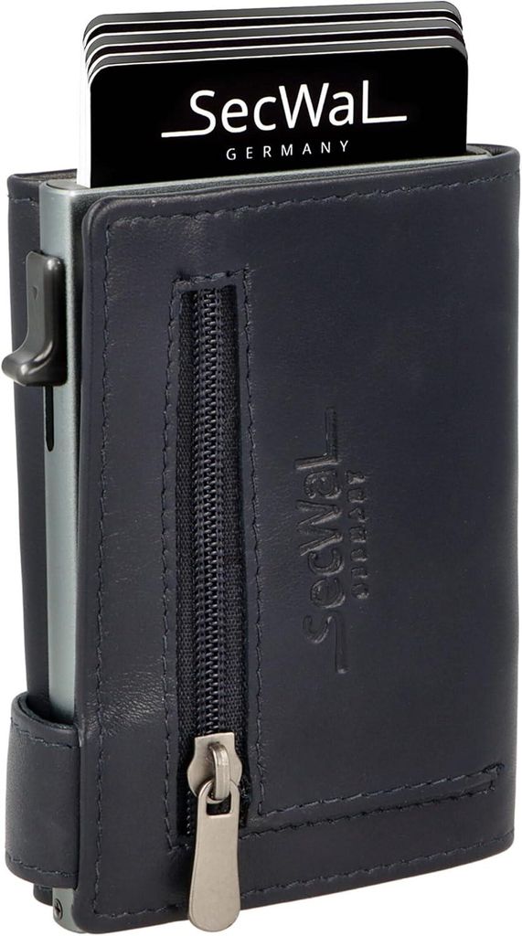 Kartenetui aus Echtleder mit Münzfach und RFID Schutz, Slim Wallet mit Aluminium Kartenhalter für bis zu 10 Karten, Kompakte Geldbörse
