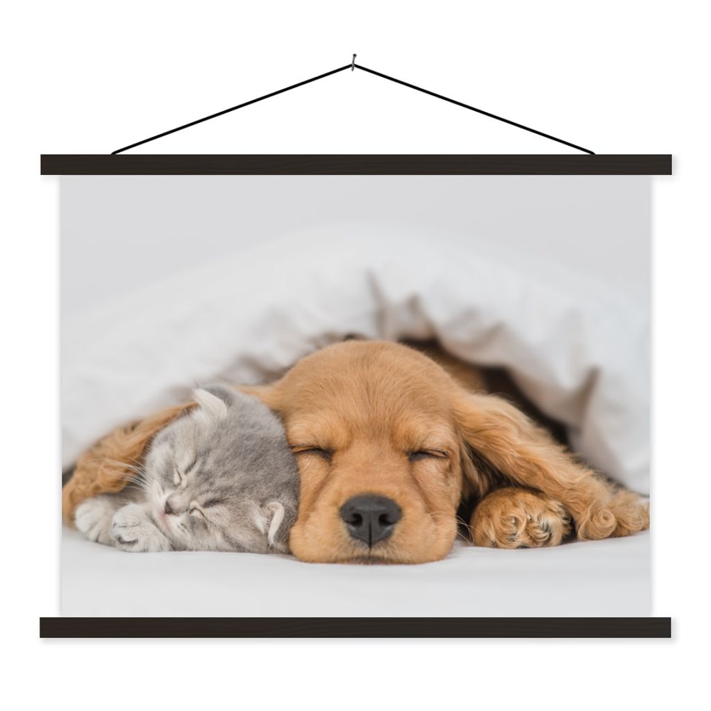 MuchoWow Textilposter Haustiere - Hund - Katze - Decke 60x45 cm mit schwarzem Rahmen - Poster Schlafzimmer