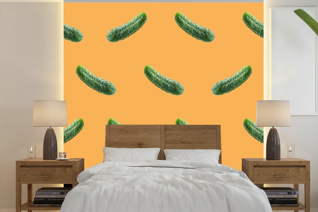 MuchoWow Fototapete für Wohnzimmer oder Schlafzimmer Wandtapete Vinyl Motivtapete Gewürzgurke - Muster - Orange - 220x220 cm - Tapeten
