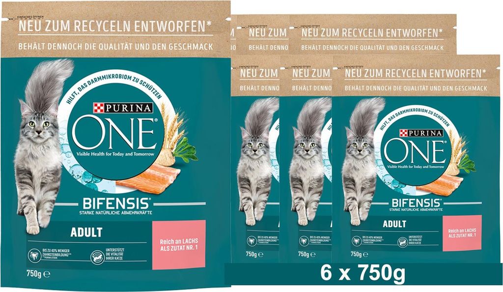 PURINA ONE BIFENSIS Adult Katzenfutter trocken, reich an Lachs, 6x750g (6 x 750g)