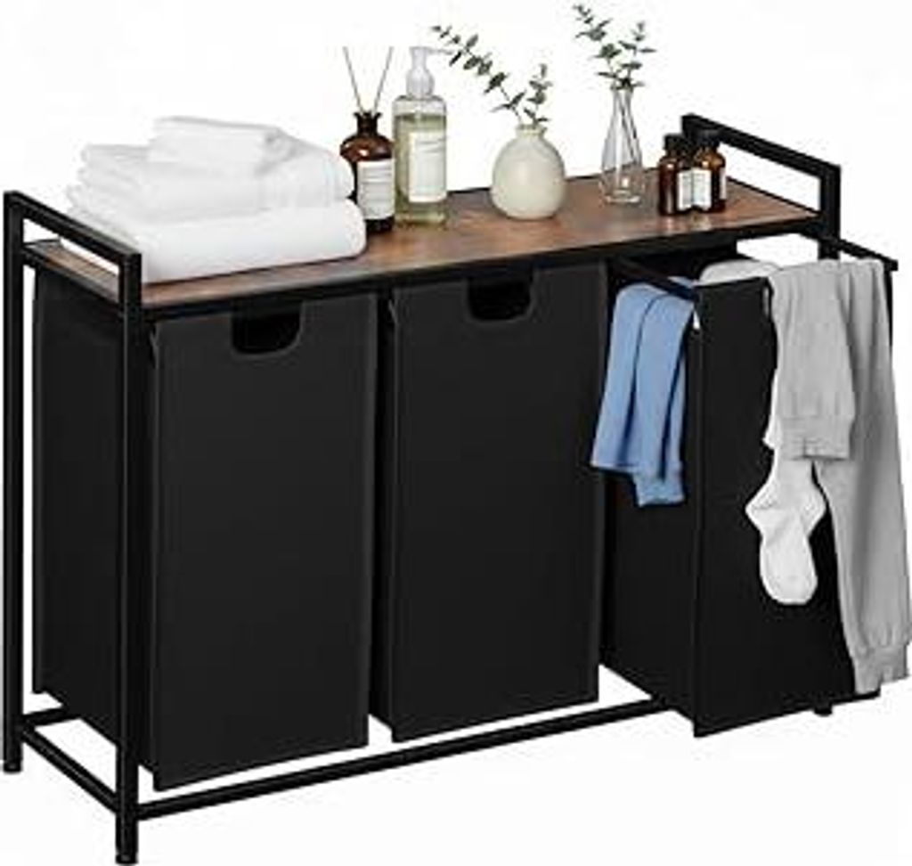 Wäschekorb 3 Fächer, Wäschesammler mit Ablage, Wäschebox, Wäschesack aus Oxford-Gewebe ausziehbar abnehmbar, 38 L x 3, Stahlrahmen und obere A...