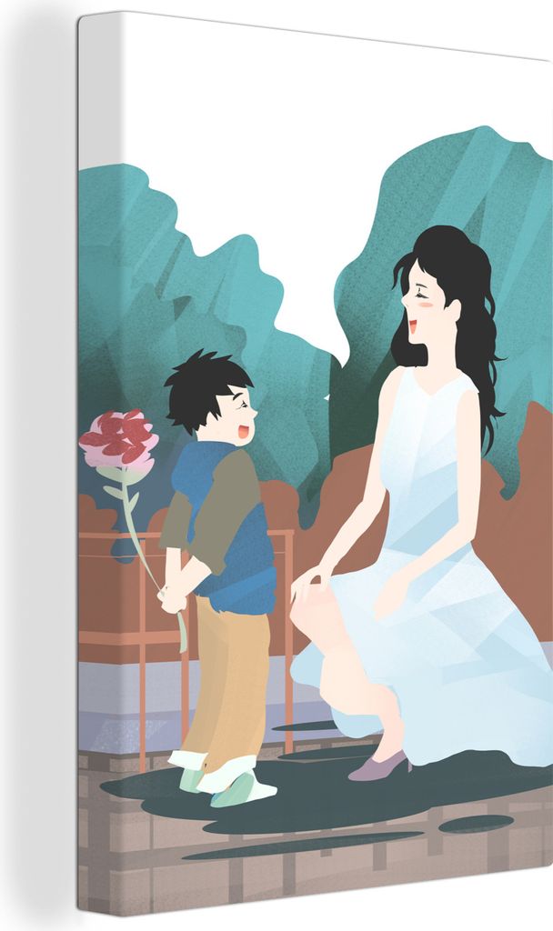 OneMillionCanvasses - Leinwandbilder - 90x140 cm, Muttertag Illustration Sohn mit einer Blume, Wandbilder Kunstdruck Wanddekoration - Foto auf Le...