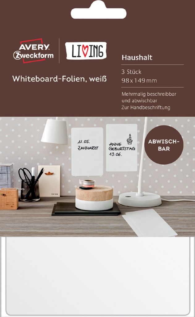 AVERY Zweckform LIVING Weißwandtafel Folie 101 x 152 mm weiß 3 Stück