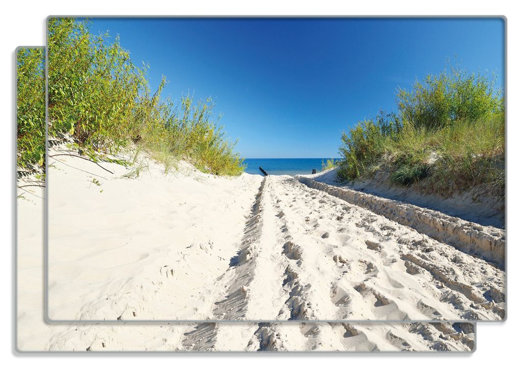Wallario Frühstücksbrettchen 2er Set aus Glas, je 20 x 30 cm, mit rutschfesten Füßen, Motiv Auf dem Sandweg zum Strand - Blauer Himmel über de...