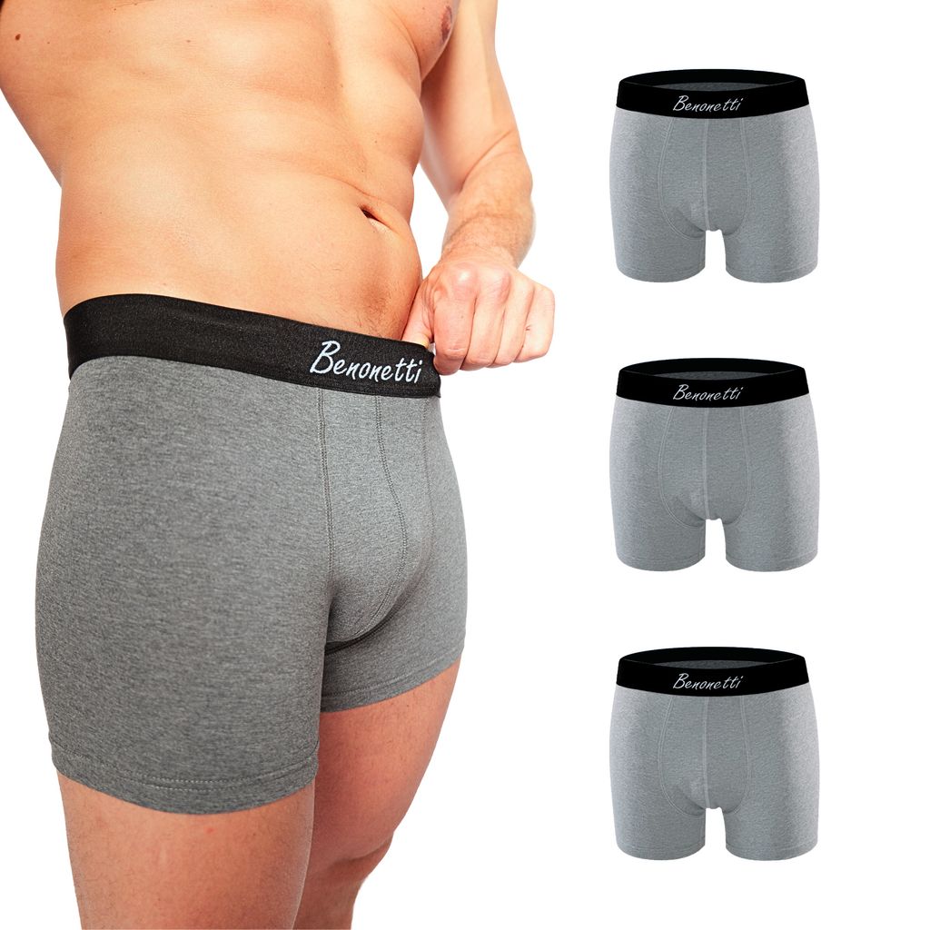 Benonetti Herren Boxershorts, atmungsaktive Baumwollunterwäsche mit Komfortbund, Bequem & langlebig, kein Aufrollen (3er Set, Grau, L)