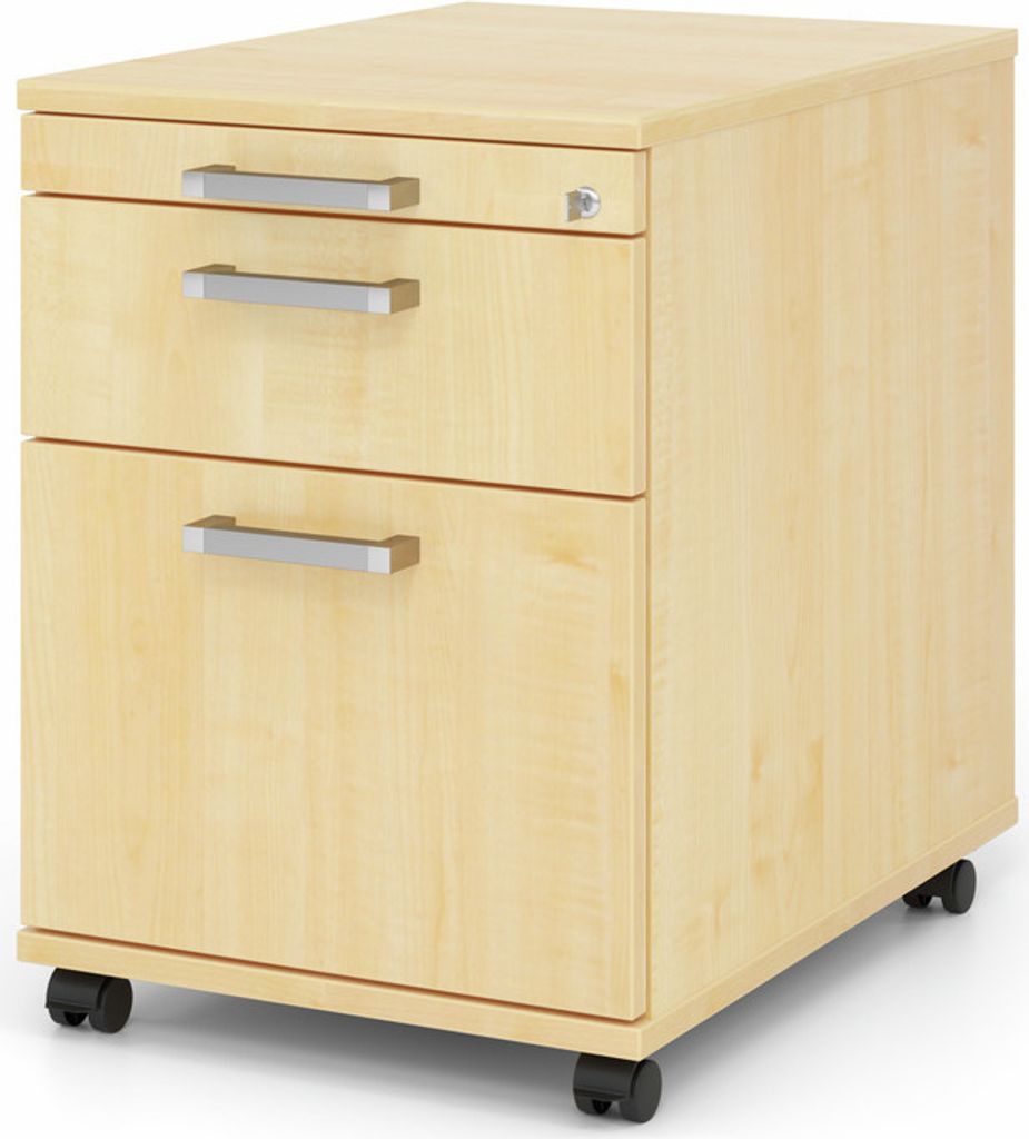 Rollcontainer Aimo | Ahorn | HxBxT 59x42,8x58cm | Chromgriff | 3 Schübe | Mit Schloss & Zentralverriegelung