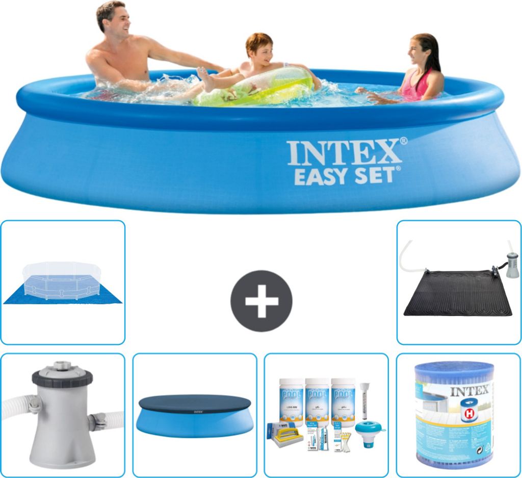 Intex runder aufblasbarer Easy Set-Schwimmpool – 305 x 61 cm – Blau – inklusive Pumpe Abdeckung - Wartungspaket - Filter - Bodenplane - Solar...