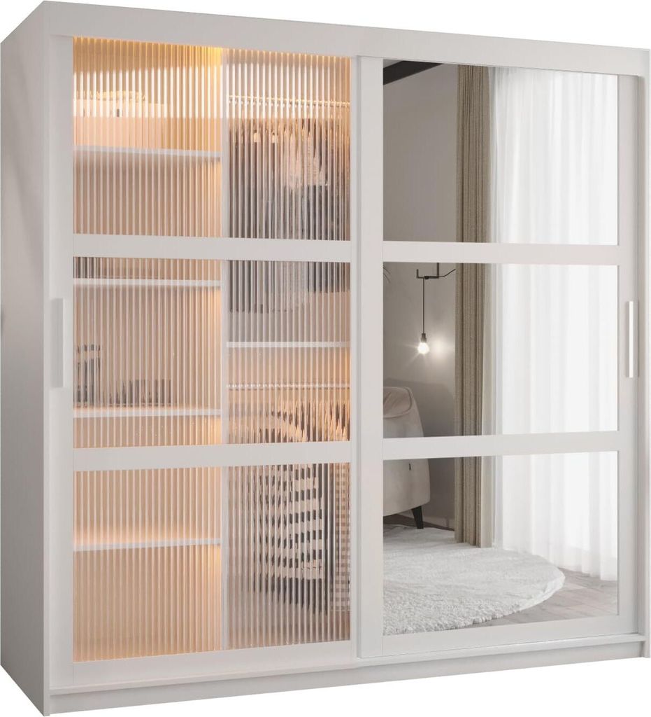 MEBLE KRYSPOL FLUTES 2 2-türiger Schrank Spiegel, 200x180x62cm - Weiß, Weiß, Silber