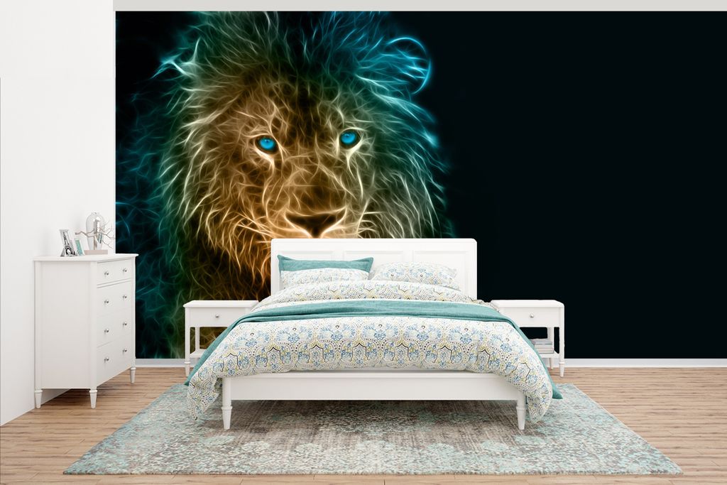 MuchoWow Fototapete für Wohnzimmer oder Schlafzimmer Wandtapete Vinyl Motivtapete Löwe - Flammen - Blau - 465x260 cm - Hintergrundbild