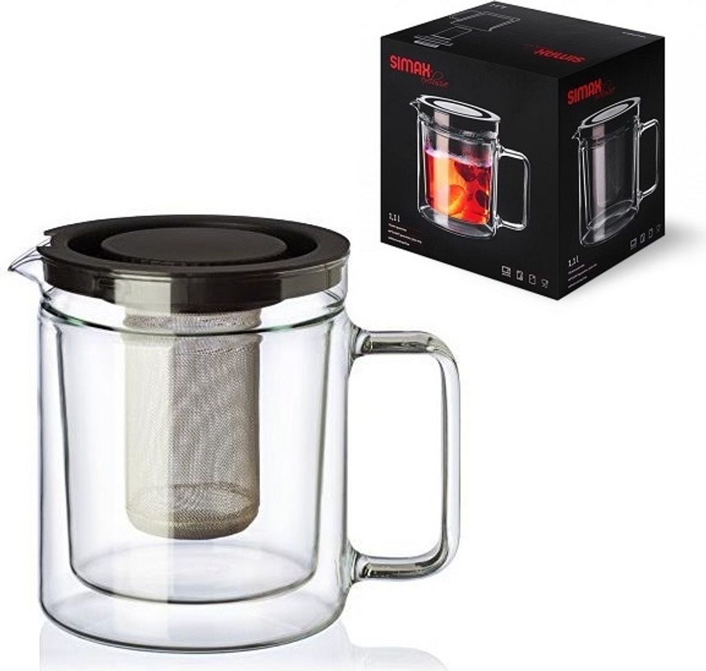 A glass teapot with a double wall and an infuser, next to its packaging.
