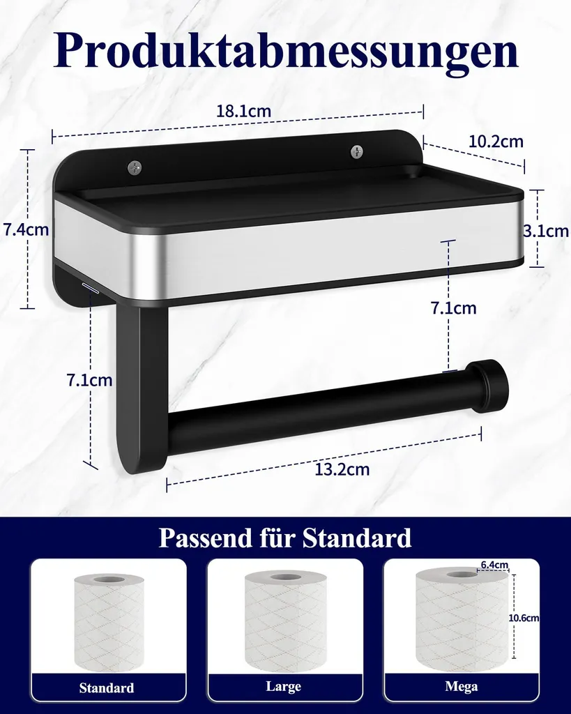 Support papier toilette mural avec tablette de rangement noire 18 cm - 2