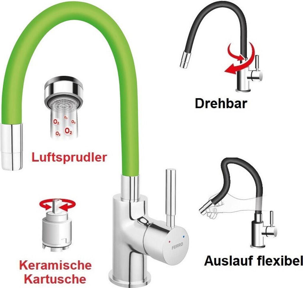 Spültischarmatur GRÜN flexibel Einhebelmischer Wasserhahn Messing Mischbatterie Spiralfederarmatur