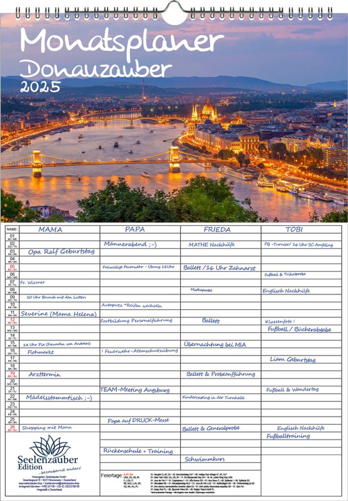 Donauzauber Planer Wandplaner Familienplaner 4 Spaltenplaner DIN A3 Kalender für 2025 Donau Fluß Deutschland Ungarn Österreich - Seelenzauber