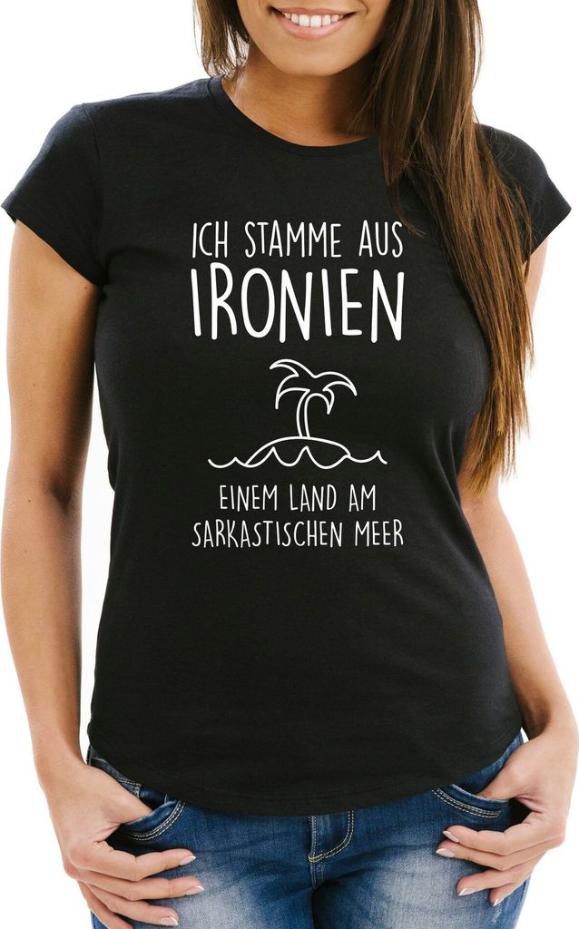 Damen T-Shirt Ich stamme aus Ironien einem Land am sarkastischen Meer Fun-Shirt Spruch Slim Fit Moonworks schwarz 3XL