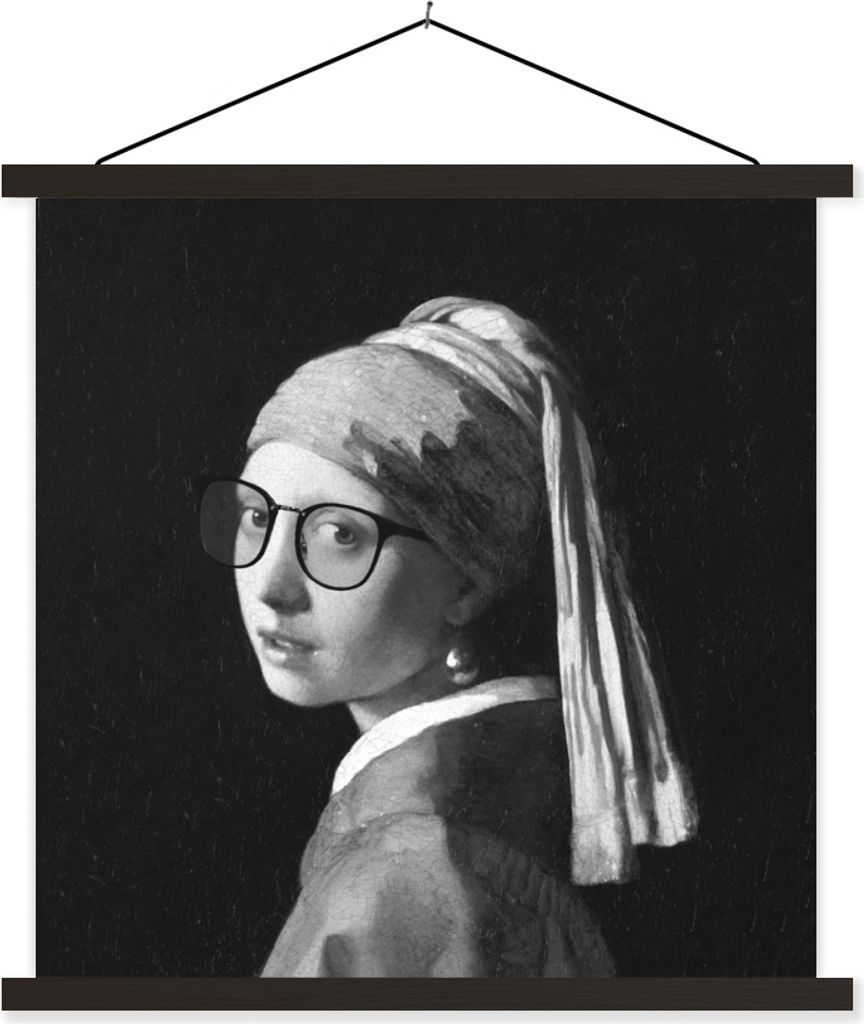 MuchoWow Textilposter Das Mädchen mit dem Perlenohrring - Johannes Vermeer - Schwarz und weiß 60x60 cm mit schwarzem Rahmen - Posteraufhänger