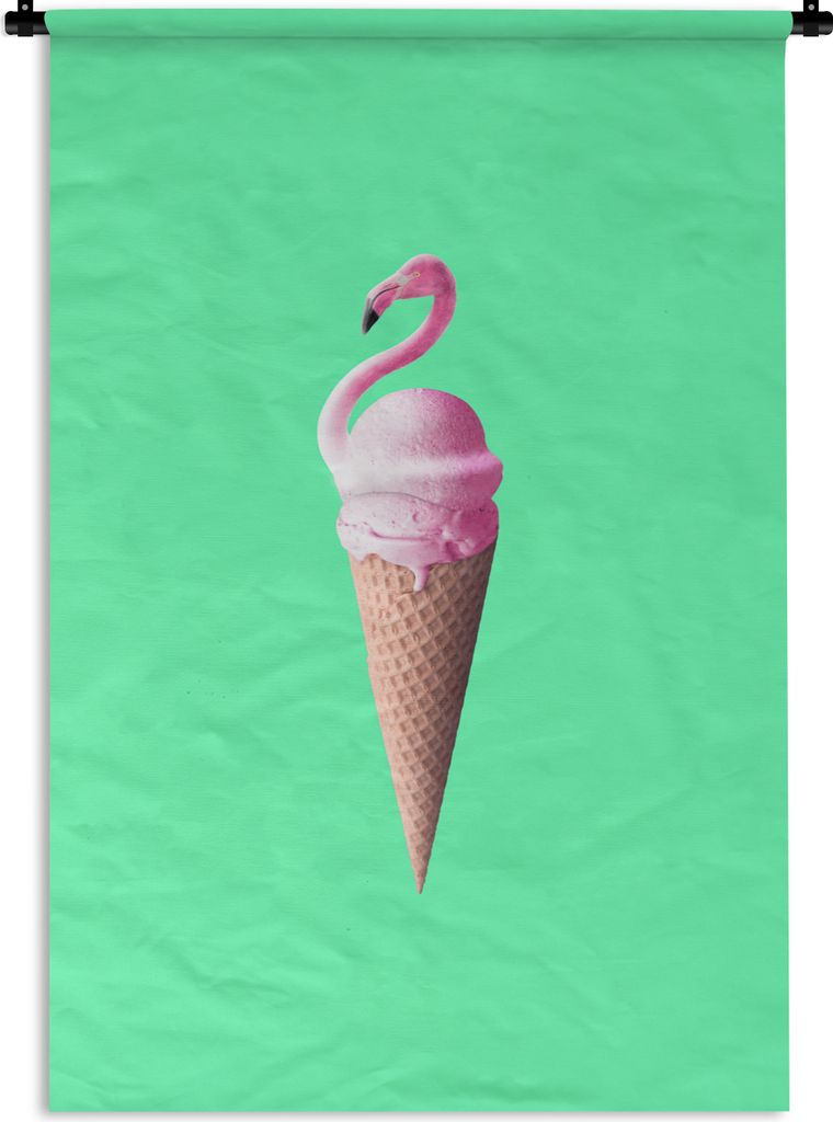 MuchoWow Wandteppich Wandbehang Eistüten - Eiscreme - Flamingo - Rosa - Grün 90x135 cm Tapisserie Dekoration Wandtuch - Baumwolle - Wandskulptur