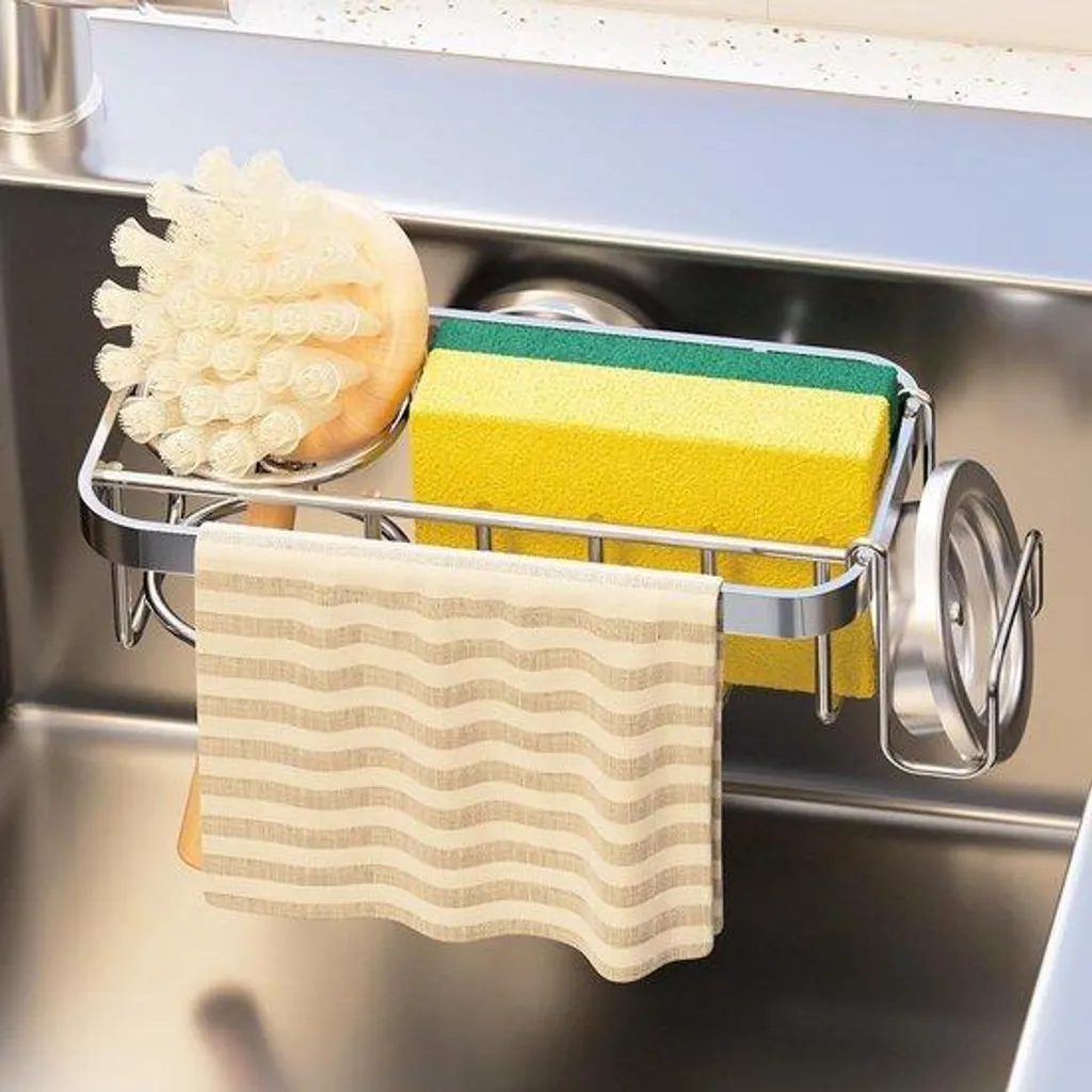 Organisateur d'évier magnétique argenté et rangement pour lavettes