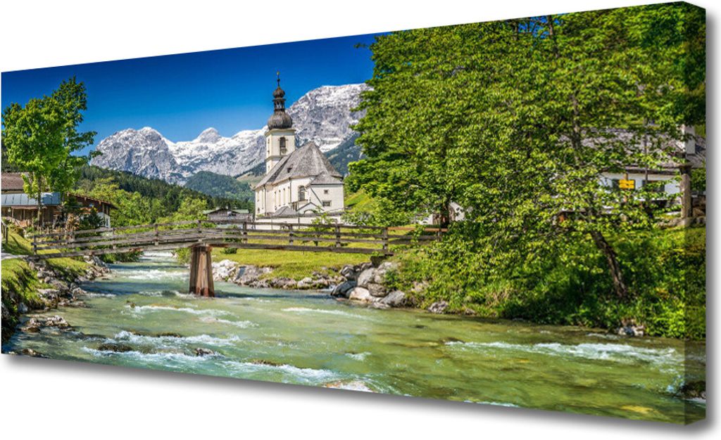 Tulup Leinwand-Bilder 125x50 Wandbild Canvas Kunstdruck Kirche Brücke See Bäume Natur