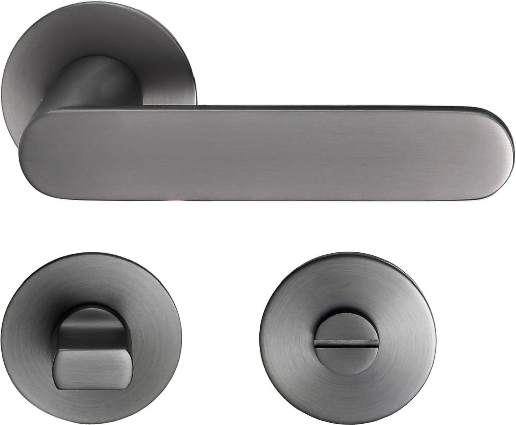 A set of door hardware, including a door handle and two rosettes, displayed against a white background.