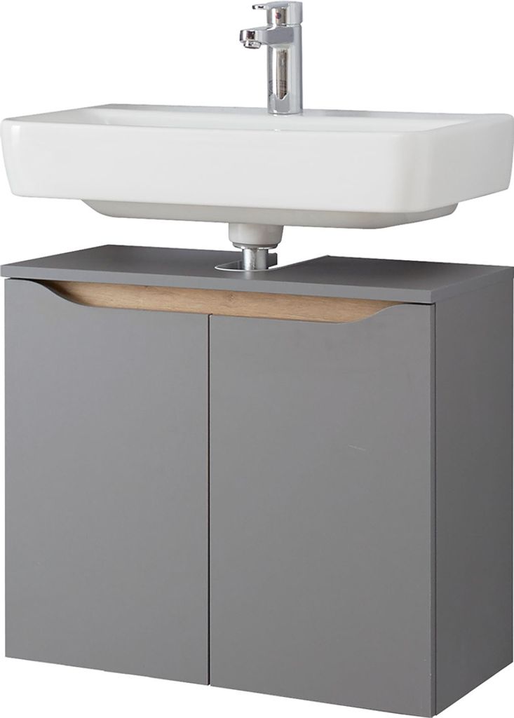 Bad Waschbeckenunterschrank QENA-66 in Quarzgrau Matt Touch mit Riviera Eiche quer Nb., B/H/T ca. 60/53/33 cm