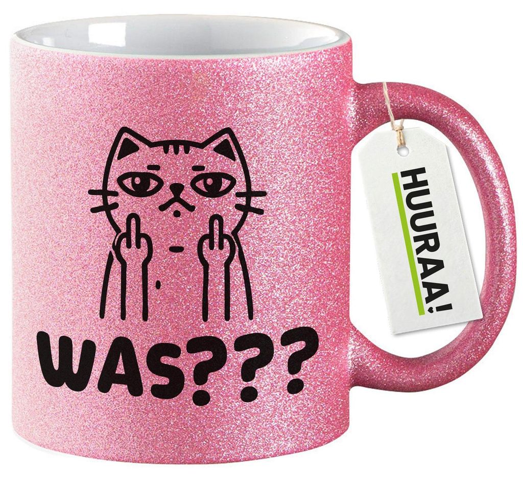 Huuraa Glitzertasse Was? grimmige Katze 330ml Pink Keramik Kaffeebecher Geschenkidee