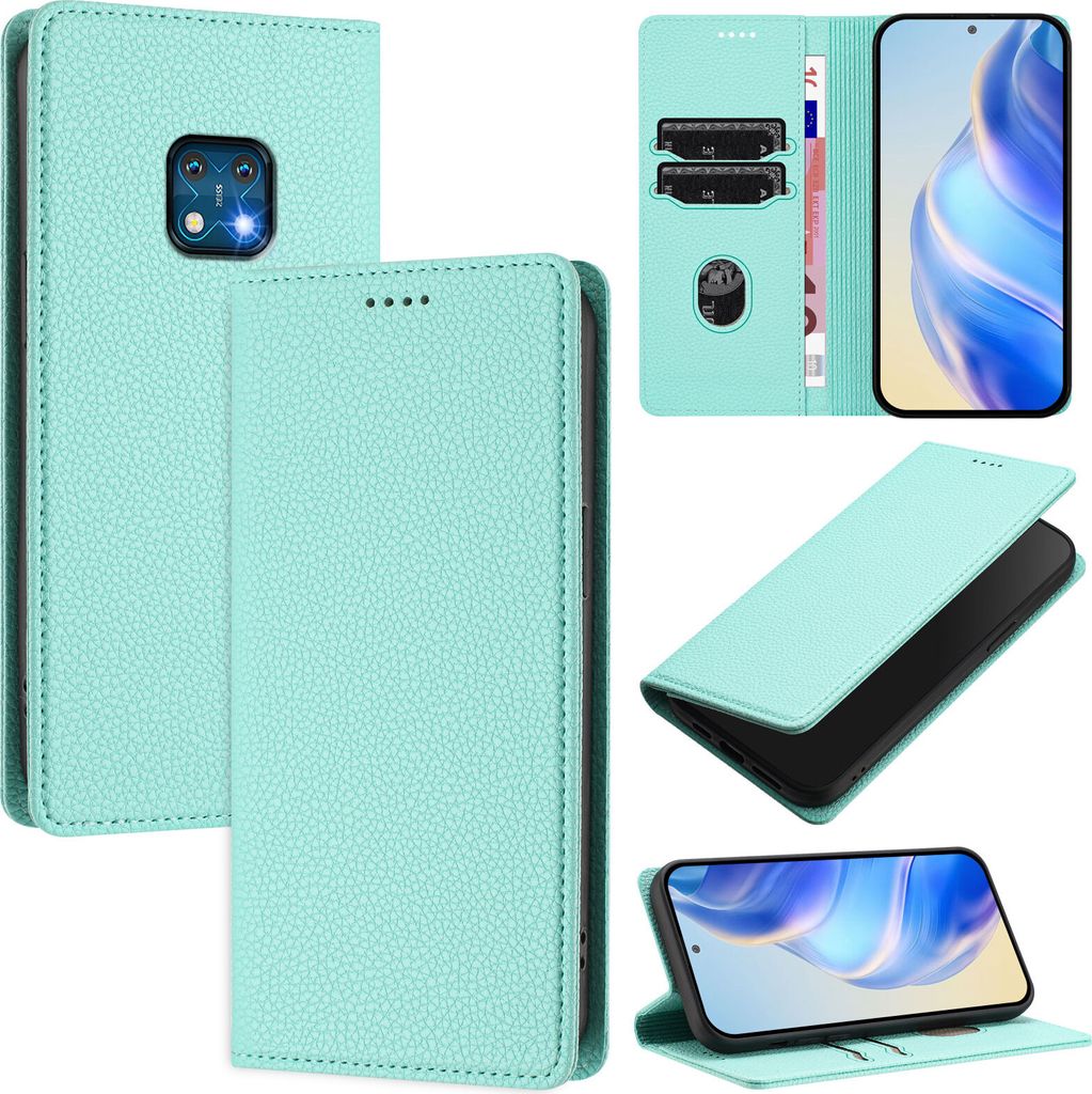Litchi Leder Handyhülle für Nokia XR20 Wallet Kartenfächer Standfunktion Hülle Türkis