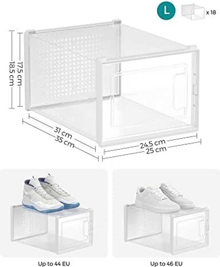Optimisation dressing avec 18 boîtes à chaussures empilables et claires