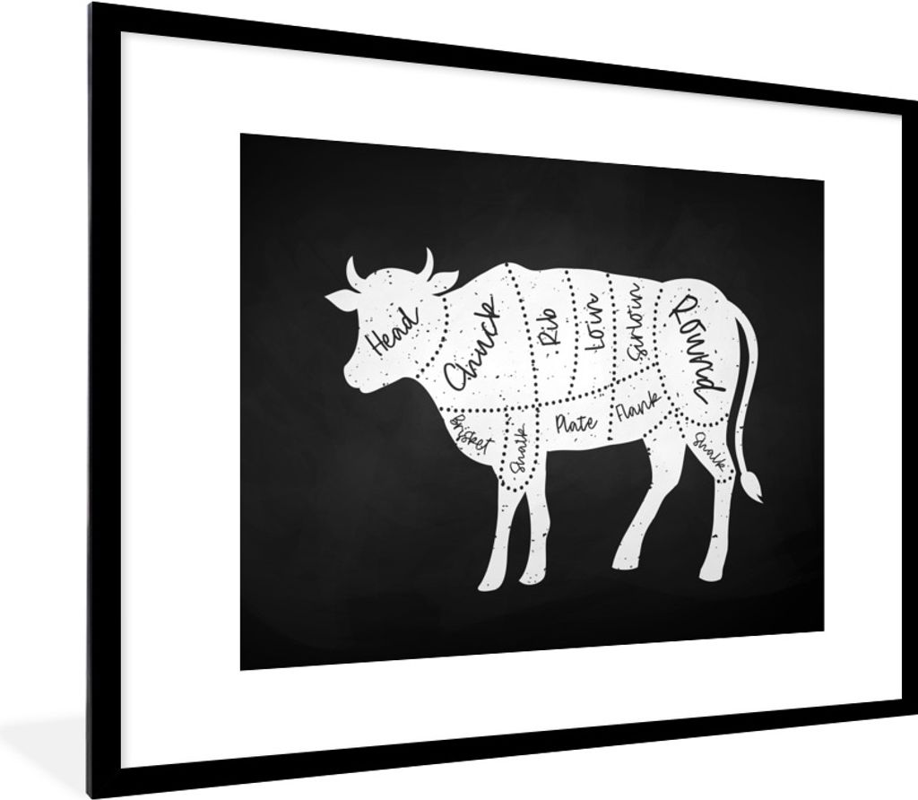 MuchoWow Gerahmtes Poster Küche - Kühe - Metzger 80x60 cm - Poster mit Schwarzem Bilderrahmen Wandposter Rahmen Foto Bilder - Schlafzimmer-Deko...