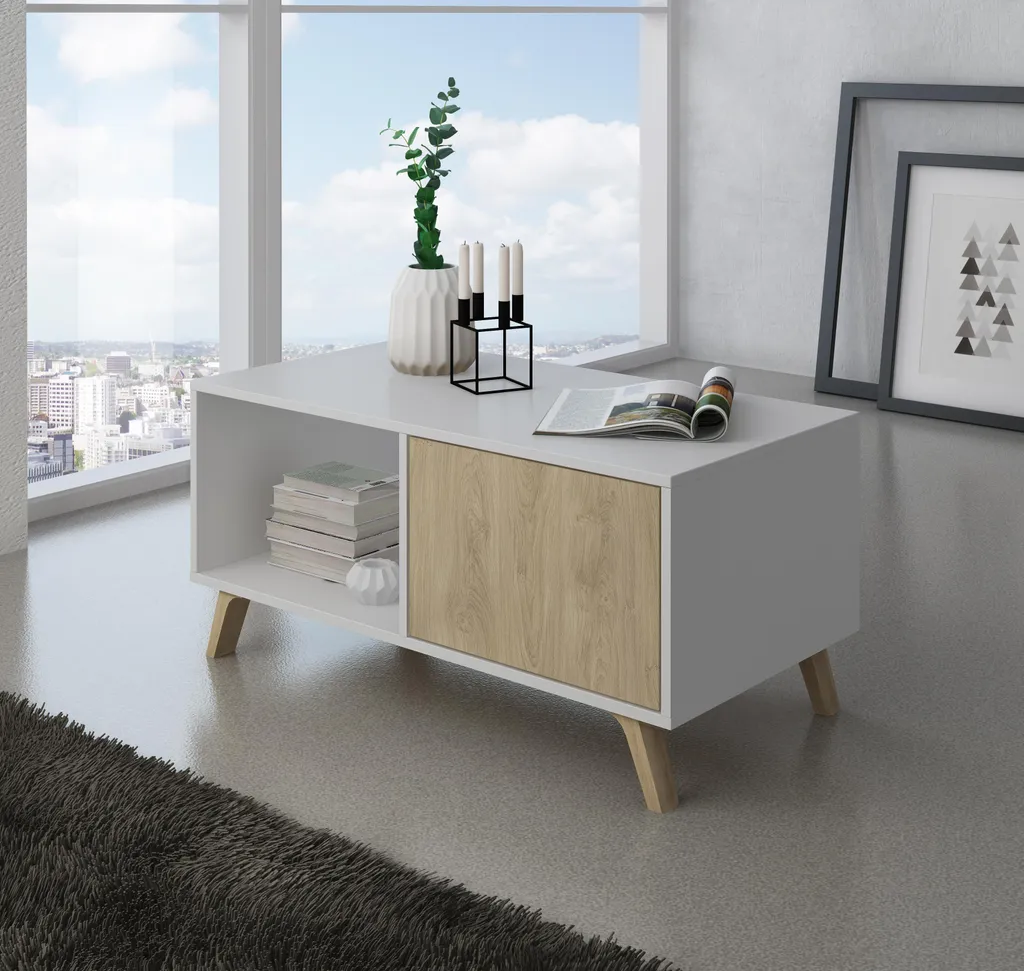 Tavolino Basso Sala da Pranzo WIND 92x50x45cm Bianco e Rovere